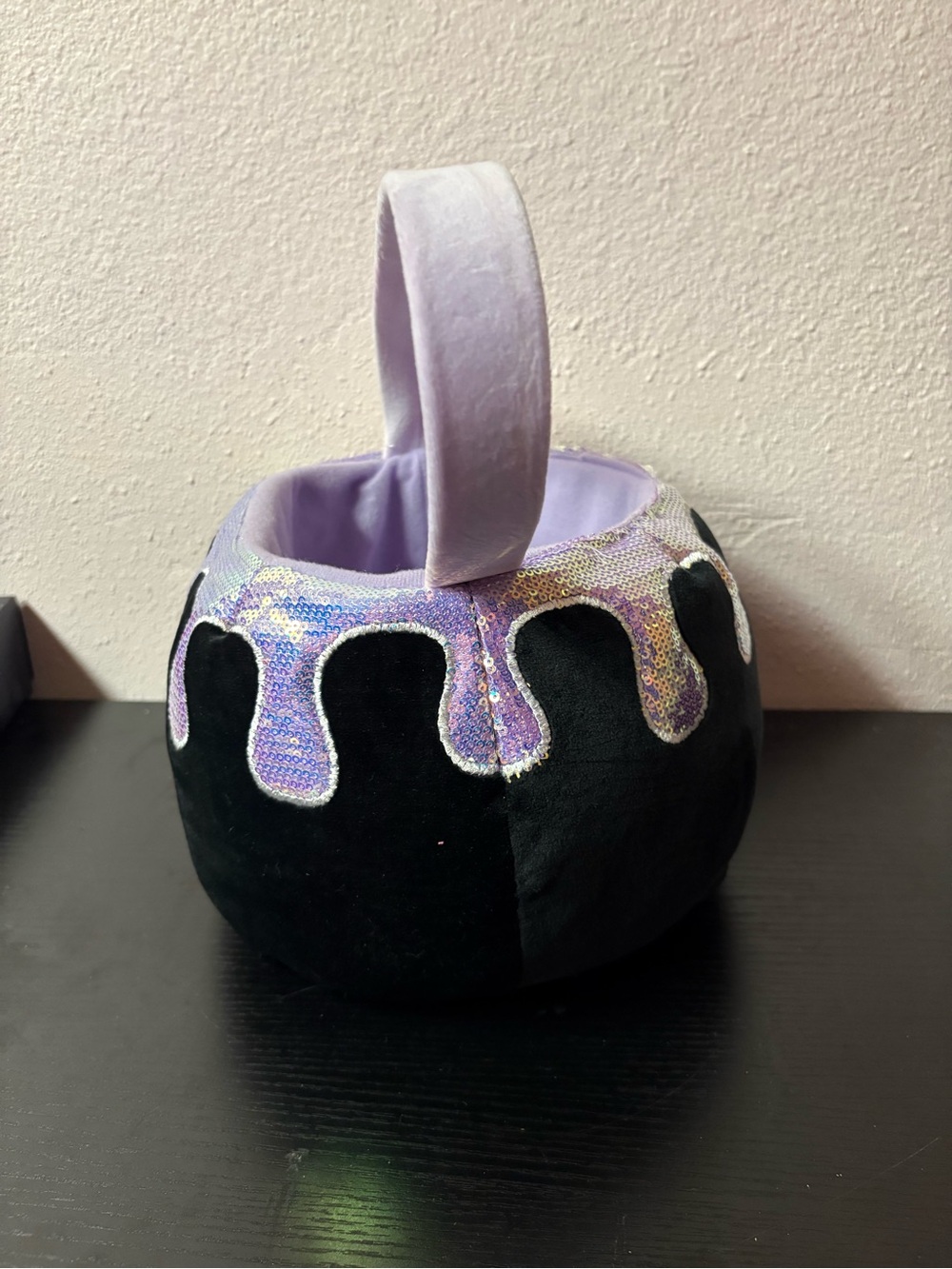 Halloween Plush Cauldron Candy Basket Black Purple Sequin Trick or Treat Bag - Picture 3 of 8